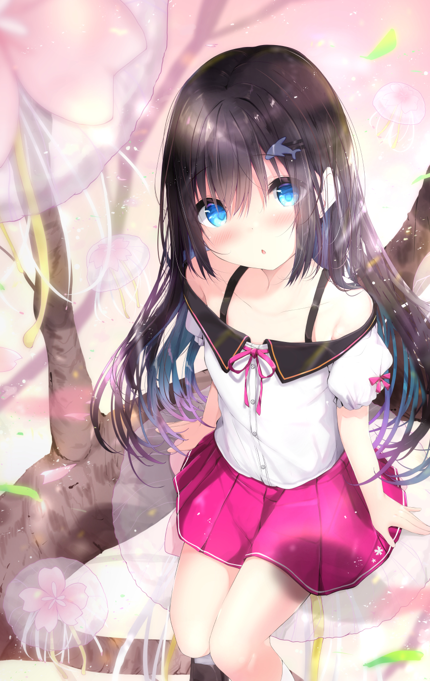 1girl :o bangs bare_shoulders black_footwear black_hair blue_eyes blush collarbone commentary_request dolphin_hair_ornament eyebrows_visible_through_hair feet_out_of_frame hair_between_eyes hair_ornament hairclip highres kouda_suzu loafers long_hair looking_at_viewer off-shoulder_shirt off_shoulder original parted_lips pink_skirt pleated_skirt puffy_short_sleeves puffy_sleeves see-through shirt shoes short_sleeves sitting skirt socks solo very_long_hair white_legwear white_shirt