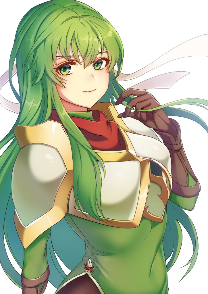 1girl armor elbow_gloves fire_emblem fire_emblem:_mystery_of_the_emblem gloves green_eyes green_hair headband kokouno_oyazi long_hair looking_at_viewer nintendo paola pegasus_knight smile solo