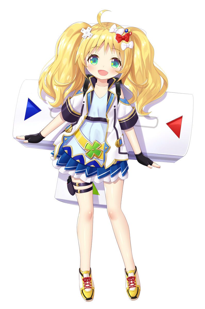 1girl :d ahoge bangs black_gloves blonde_hair blue_shirt blue_skirt blush bow commentary_request copyright_request d-pad d-pad_hair_ornament eyebrows_visible_through_hair fingerless_gloves full_body gloves green_eyes hair_bow hair_ornament head_tilt highres jacket long_hair miniskirt official_art open_clothes open_jacket open_mouth pleated_skirt red_bow shirt shoes short_sleeves shoulder_cutout simple_background skirt smile sneakers solo standing twintails virtual_youtuber white_background white_bow white_jacket yano_mitsuki yellow_footwear