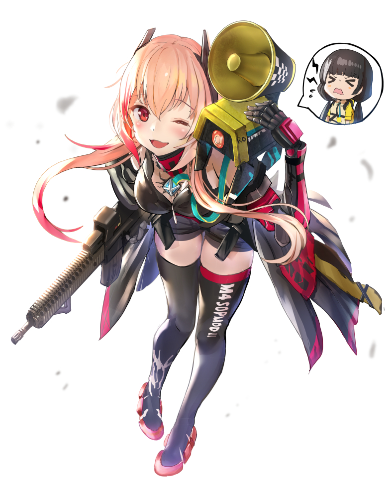 1girl :3 :d blush eyebrows_visible_through_hair from_above girls_frontline gun looking_at_viewer looking_up m4_sopmod_ii_(girls_frontline) midriff one_eye_closed open_mouth pale_skin pink_eyes pink_hair prosthesis qian_wu_atai rifle ro635_(girls_frontline) root shorts smile solo sopmod thigh-highs weapon white_background