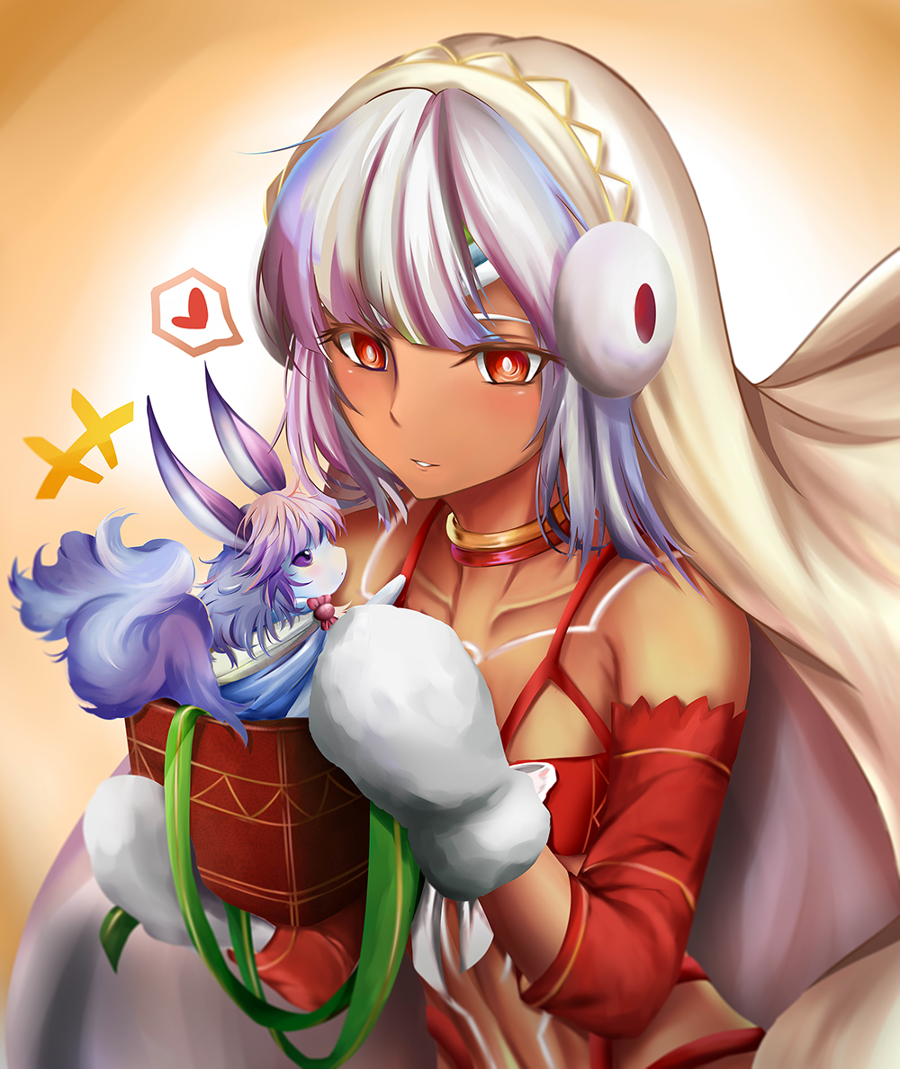1girl altera_(fate) altera_the_santa bangs bare_shoulders blunt_bangs breasts choker dark_skin detached_sleeves earmuffs fate/extella fate/extra fate/grand_order fate_(series) fou_(fate/grand_order) full_body_tattoo gift headdress holding holding_gift midriff navel parted_lips red_eyes shiki_(chen321aa) simple_background small_breasts solo tan tattoo veil white_hair