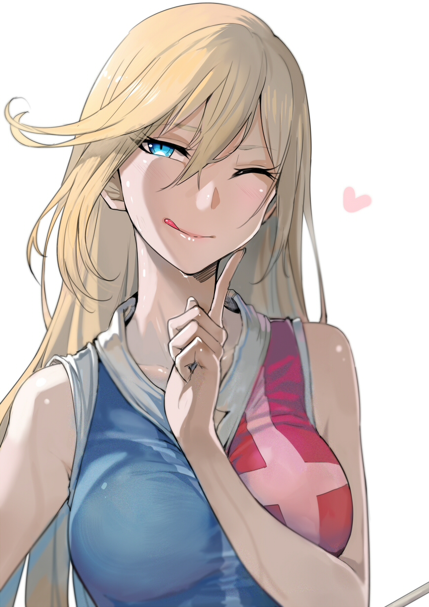 1girl ;q bangs bare_shoulders blonde_hair blue_eyes blush breasts closed_mouth collarbone connie_christensen eyebrows_visible_through_hair flying_heart hair_between_eyes half-closed_eye hanebado! head_tilt heart highres index_finger_raised large_breasts long_hair multicolored_shirt one_eye_closed shirt sidelocks simple_background sleeveless sleeveless_shirt smile solo sportswear sweat taut_clothes taut_shirt tennis_uniform tongue tongue_out upper_body very_long_hair walzrj white_background