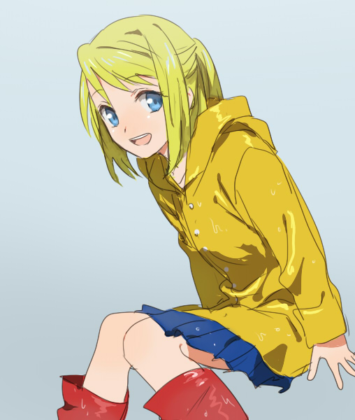 1girl :d blonde_hair blue_eyes blue_skirt boots eyebrows_visible_through_hair eyelashes fullmetal_alchemist grey_background happy looking_at_viewer open_mouth pink_footwear raincoat riru short_hair simple_background sitting skirt smile solo wet wet_clothes winry_rockbell younger