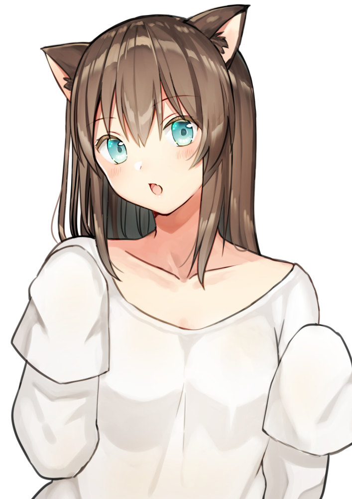 1girl animal_ears bangs blue_eyes blush brown_hair cat_ears chestnut_mouth collarbone commentary_request eyebrows_visible_through_hair fang hair_between_eyes hands_up head_tilt kurata_rine long_hair long_sleeves looking_at_viewer original oversized_clothes oversized_shirt parted_lips shirt simple_background sleeves_past_fingers sleeves_past_wrists solo white_background white_shirt