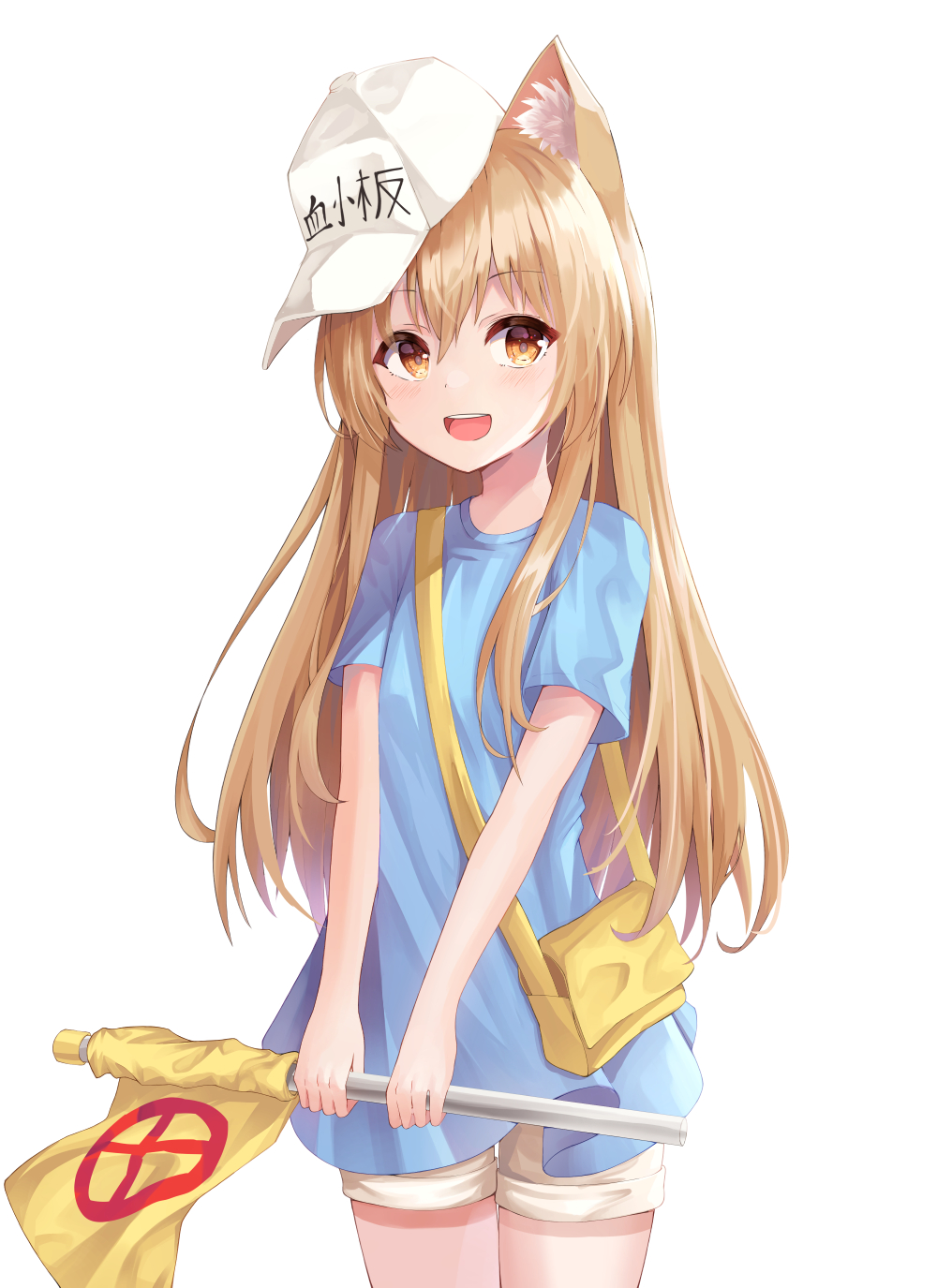 1girl animal_ears bag blue_shirt brown_eyes brown_hair brown_shorts cat_ears flag hat hataraku_saibou highres long_hair open_mouth platelet_(hataraku_saibou) shiro_(acad1213) shirt shorts smile solo