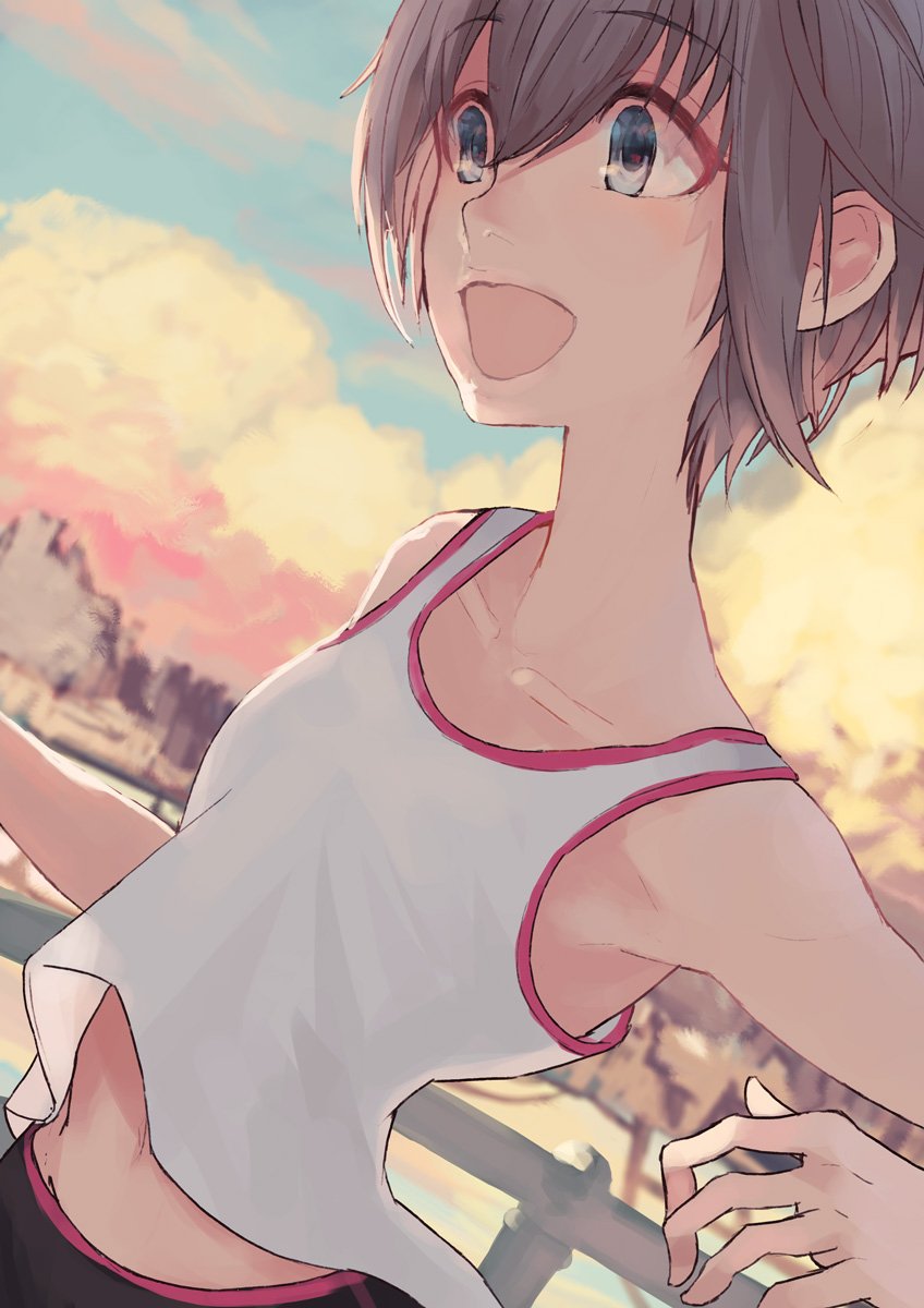 1girl :d bangs blue_eyes breasts brown_hair commentary_request evening eyebrows_visible_through_hair hair_between_eyes highres midriff navel open_mouth original outdoors sawarakajin shirt short_hair small_breasts smile solo sunlight tank_top white_shirt