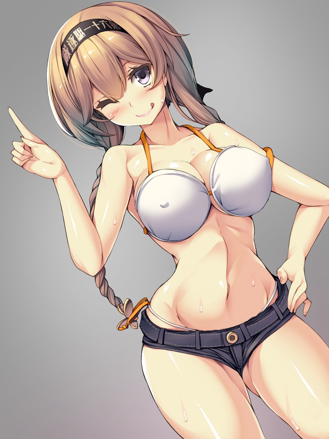 alternate_costume bikini braid breasts grey_background grey_eyes hachimaki hand_on_hip headband highres index_finger_raised kantai_collection large_breasts licking_lips light_brown_hair short_shorts shorts swimsuit teruzuki_(kantai_collection) tongue tongue_out torisan twin_braids