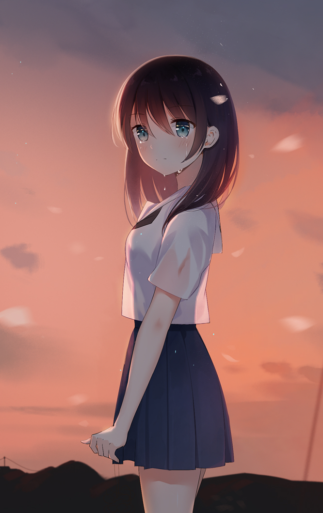 1girl bad_id bad_pixiv_id bangs black_neckwear blue_eyes blue_skirt blush breasts brown_hair closed_mouth clouds crying crying_with_eyes_open eyebrows_visible_through_hair hair_between_eyes linhe_de_chuangzi long_hair looking_at_viewer looking_to_the_side mountain orange_sky original pleated_skirt power_lines sailor_collar school_uniform see-through_silhouette serafuku shirt skirt sky small_breasts solo standing sunset tears white_sailor_collar white_shirt