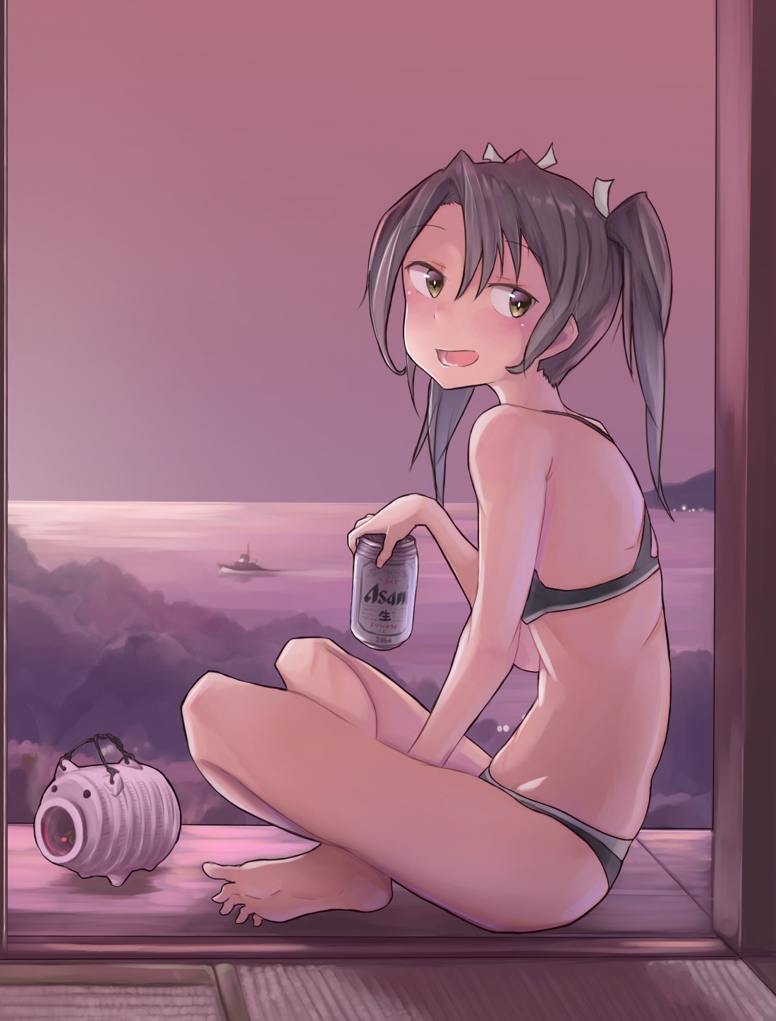 1girl asahi_beer barefoot beer_can boat bra can full_body grey_bra grey_panties highres horizon indian_style kabayaki_namazu kayari_buta open_mouth panties purple_sky rock seascape sitting solo sports_bra tatami underwear watercraft zuikaku_(kantai_collection)