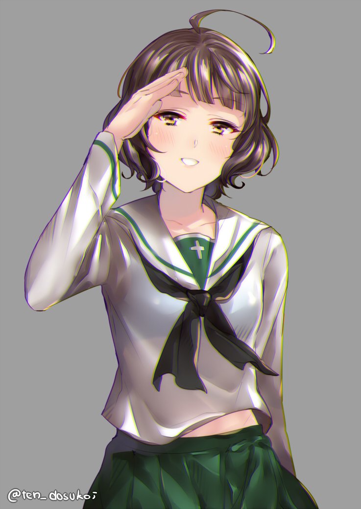 1girl ahoge akiyama_yukari akiyama_yukari_(cosplay) blush cosplay curly_hair girls_und_panzer green_skirt juurouta kantai_collection kishinami_(kantai_collection) long_sleeves looking_at_viewer neckerchief ooarai_school_uniform salute shirt short_hair skirt smile solo uniform white_shirt