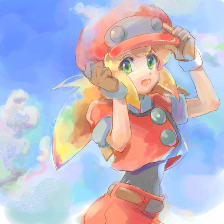 1girl :d belt blonde_hair blush brown_gloves buttons cabbie_hat capcom clouds dinef female gloves green_eyes hat long_hair open_mouth rockman rockman_dash roll roll_caskett short_sleeves shorts sky smile solo upper_body