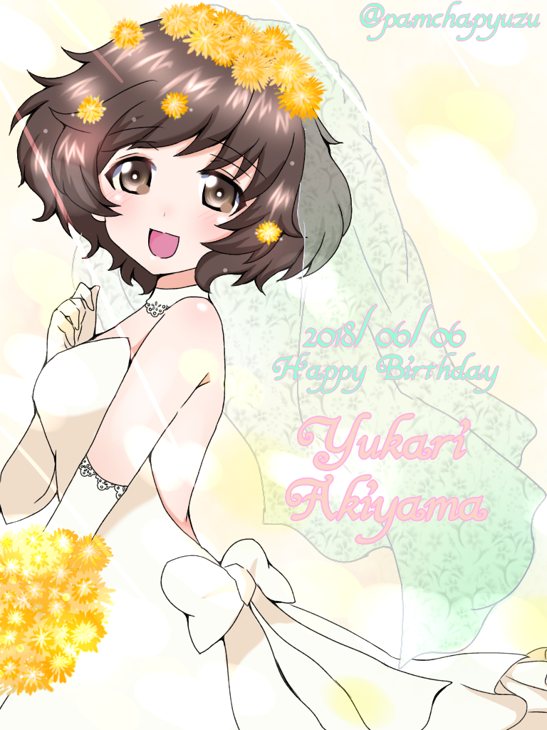 1girl :d akiyama_yukari backless_dress backless_outfit bangs bouquet bridal_veil brown_eyes brown_hair character_name choker commentary dated dress elbow_gloves english eyebrows_visible_through_hair flower from_side girls_und_panzer gloves hair_flower hair_ornament happy_birthday holding holding_bouquet long_dress looking_at_viewer messy_hair open_mouth pamchapyuzu short_hair smile solo standing strapless strapless_dress twitter_username veil wedding_dress white_choker white_dress white_gloves