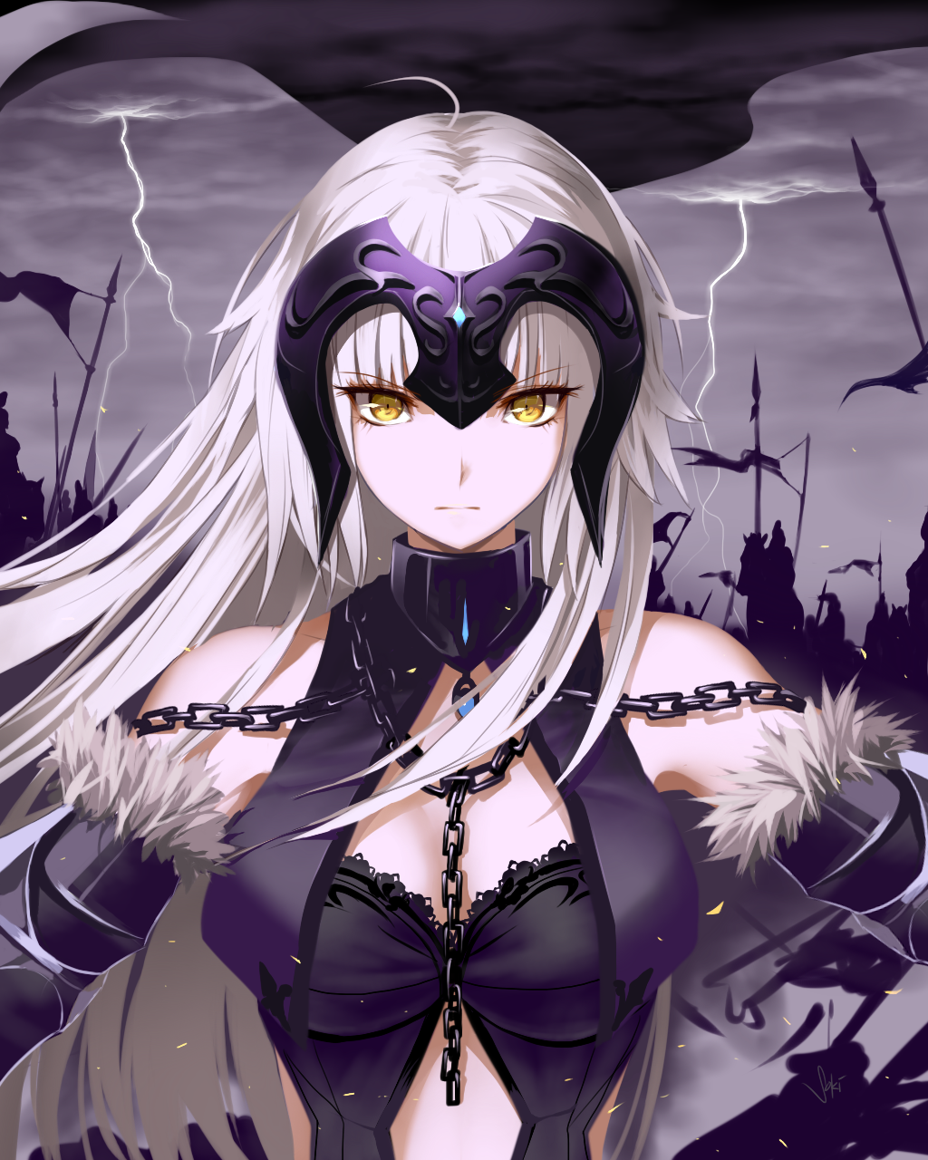 1girl armor bare_shoulders between_breasts blonde_hair breasts chains closed_mouth clouds cloudy_sky commentary_request eyebrows_visible_through_hair fate/grand_order fate_(series) flag fur-trimmed_sleeves fur_trim gauntlets headpiece highres jeanne_d'arc_(alter)_(fate) jeanne_d'arc_(fate)_(all) lightning long_hair looking_at_viewer medium_breasts night revision serious silhouette sky solo_focus sony_kisaragi standard_bearer upper_body yellow_eyes
