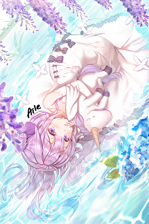 1girl aile_(crossroads) azur_lane bangs bare_shoulders black_bow black_ribbon blue_flower blush bow commentary_request detached_sleeves dress eyebrows_visible_through_hair flower hair_bun hair_ribbon long_hair long_sleeves lying object_hug on_side one_side_up pantyhose parted_lips purple_flower purple_hair ribbon shallow_water side_bun solo stuffed_animal stuffed_pegasus stuffed_toy stuffed_unicorn unicorn_(azur_lane) violet_eyes water white_dress white_flower white_legwear