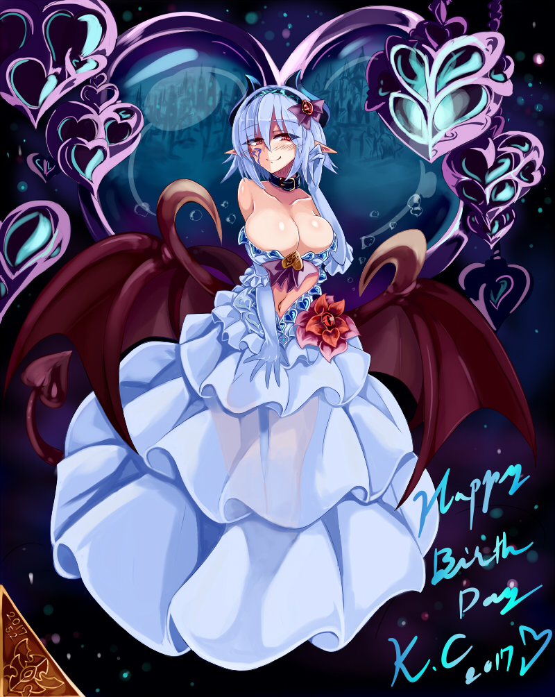 1girl 2017 blue_dress blue_hair blush breasts character_request cleavage closed_mouth collar collarbone dress eyebrows_visible_through_hair happy_birthday heart large_breasts looking_at_viewer monster_girl_encyclopedia navel pointy_ears red_eyes short_hair smile solo wings yu_(yoki)