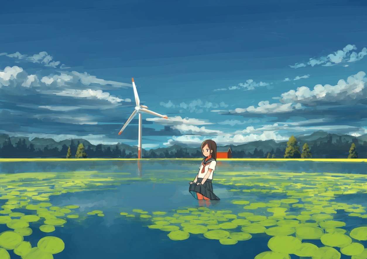1girl black_skirt blue_sky brown_eyes brown_hair clouds cloudy_sky from_side holding_skirt house ike_rakune in_water lake lily_pad long_hair looking_to_the_side mountain nature original red_neckwear sailor_collar school_uniform shirt shoreline short_sleeves sidelocks skirt sky smile solo standing tree white_shirt wind_turbine windmill