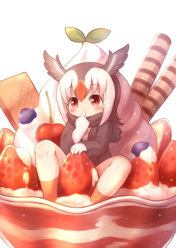 1girl atlantic_puffin_(kemono_friends) bird_wings black_hair blush cinnamon_stick commentary_request eyebrows_visible_through_hair finger_in_mouth food fruit giant_food gloves head_wings ice_cream in_food jacket kemono_friends matsuu_(akiomoi) multicolored_hair pleated_skirt redhead scarf short_hair sitting skirt socks solo strawberry sundae wafer_stick white_hair wings