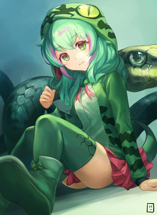 1girl boomslang_(kemono_friends) boots commentary_request eyebrows_visible_through_hair green_eyes green_hair hood hoodie kemono_friends long_hair long_sleeves multicolored_hair neck_ribbon pleated_skirt redhead ribbon sitting skirt snake snake_tail solo tail tamamushi thigh-highs zettai_ryouiki