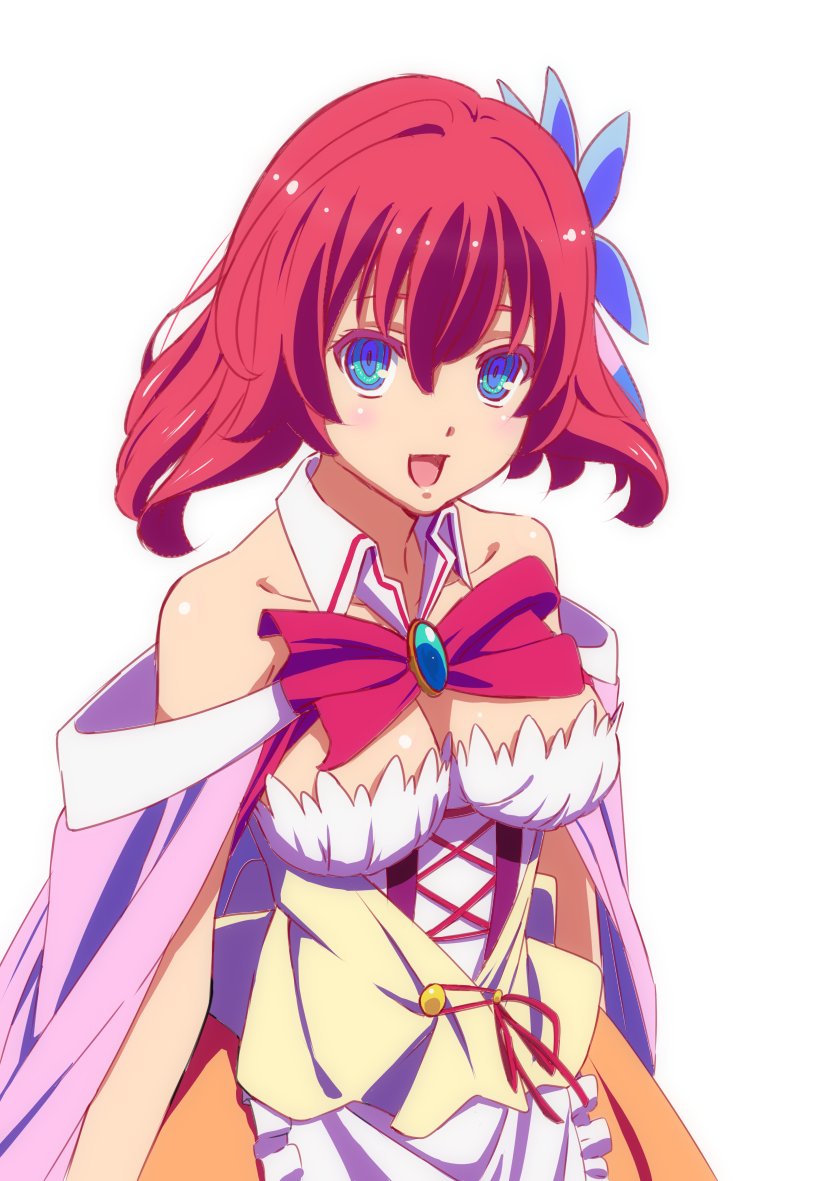 1girl :d bare_shoulders blue_eyes bow bowtie breasts brooch commentary_request detached_collar dress flower hair_flower hair_ornament jewelry large_breasts looking_at_viewer no_game_no_life ooya_kouji open_mouth redhead short_hair smile solo stephanie_dora