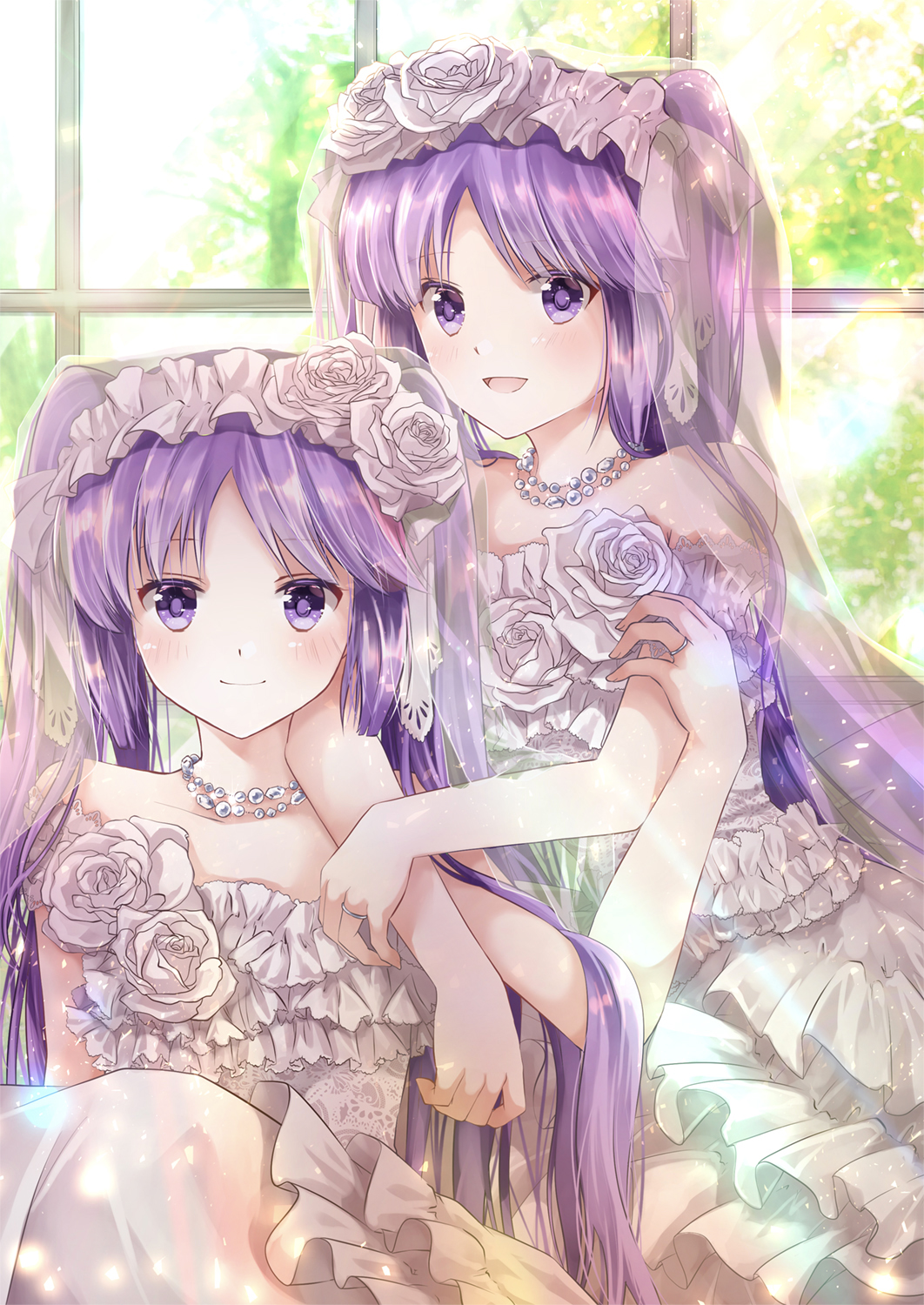 2girls :d bangs bare_arms bare_shoulders blush closed_mouth commentary_request day dress euryale eyebrows_visible_through_hair fate/hollow_ataraxia fate_(series) flower hair_flower hair_ornament highres indoors iroha_(shiki) jewelry multiple_girls necklace open_mouth parted_bangs purple_hair ring rose see-through siblings sisters sitting smile standing stheno strapless strapless_dress sunlight twins veil violet_eyes white_dress white_flower white_rose window