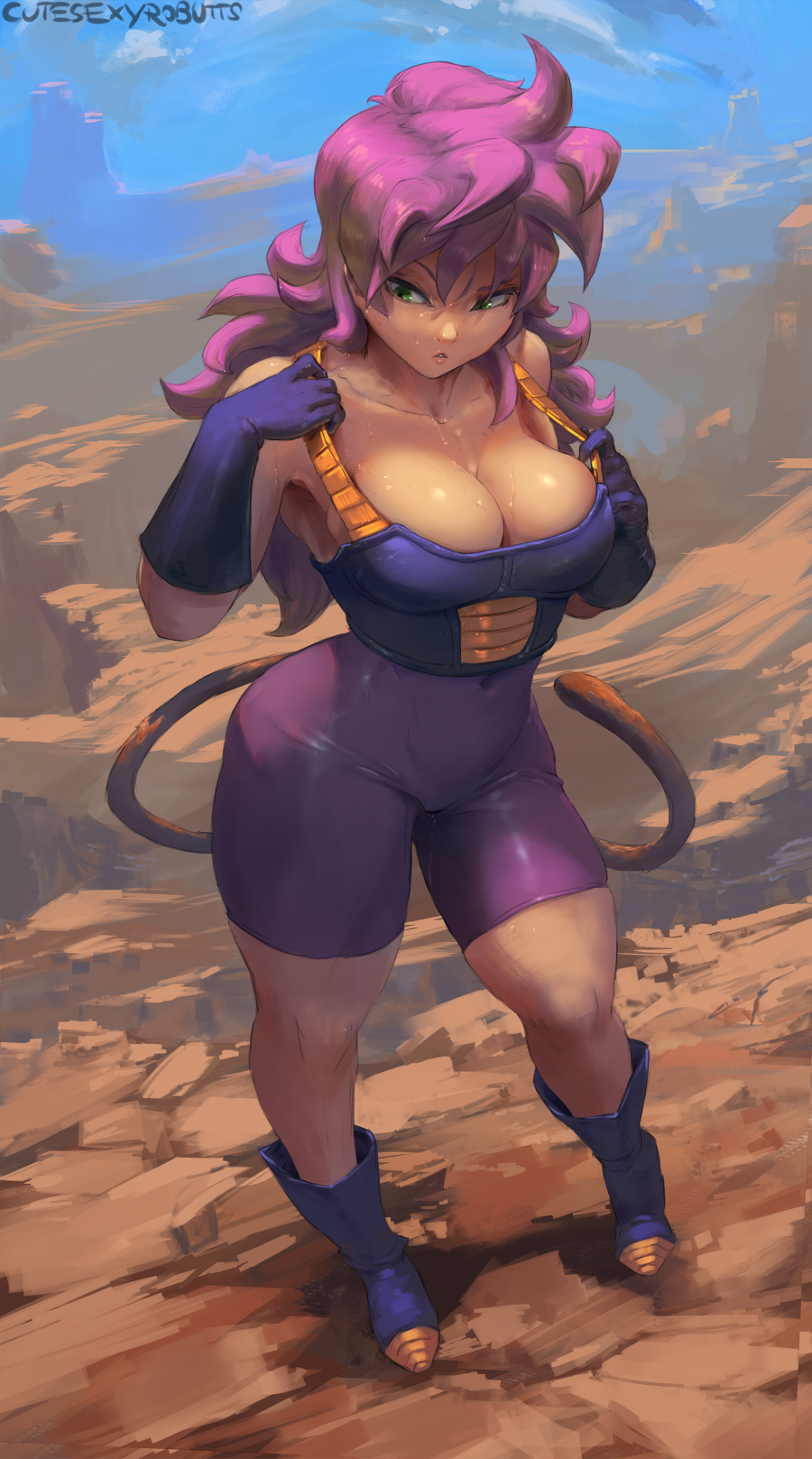 1girl bike_shorts blue_footwear breasts cleavage commission covered_navel curvy cutesexyrobutts gloves green_eyes highres hips large_breasts long_hair looking_down original parted_lips purple_gloves purple_hair saiyan signature solo sweat tail thighs