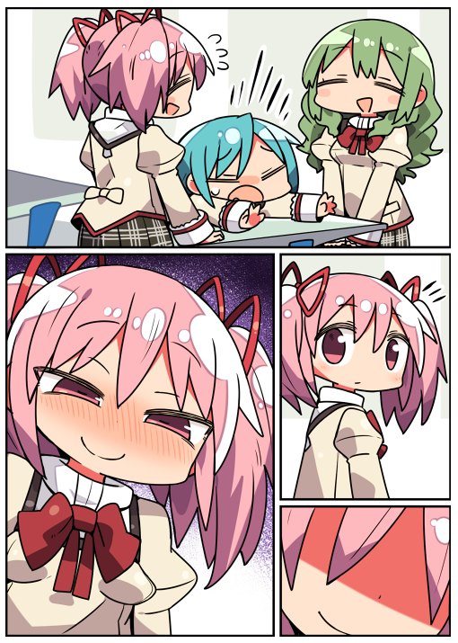 3girls :d :o bangs beige_shirt blue_hair blush bow bowtie breasts closed_eyes closed_mouth comic commentary_request eyebrows_visible_through_hair faceless faceless_female flying_sweatdrops green_hair hair_between_eyes hair_ribbon juliet_sleeves kaname_madoka kanikama long_hair long_sleeves looking_at_viewer mahou_shoujo_madoka_magica miki_sayaka mitakihara_school_uniform multiple_girls nose_blush open_mouth outstretched_arm pink_eyes pink_hair puffy_sleeves red_neckwear red_ribbon ribbon school_uniform shaded_face shizuki_hitomi silent_comic small_breasts smile sweat twintails very_long_hair