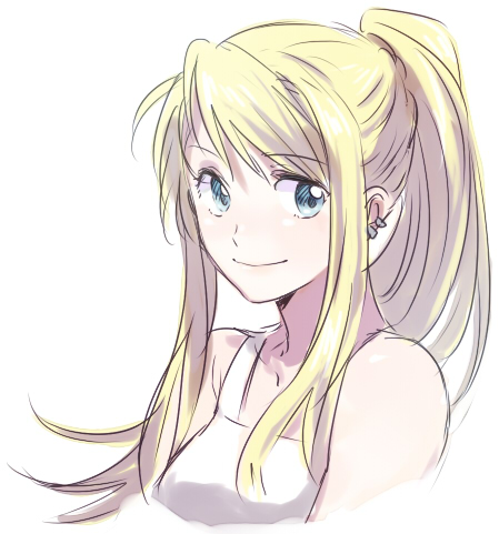 1girl bangs bare_shoulders blonde_hair blue_eyes close-up earrings eyebrows_visible_through_hair floating_hair fullmetal_alchemist jewelry long_hair looking_away lowres ponytail riru shirt simple_background sleeveless sleeveless_shirt smile solo upper_body white_background white_shirt winry_rockbell