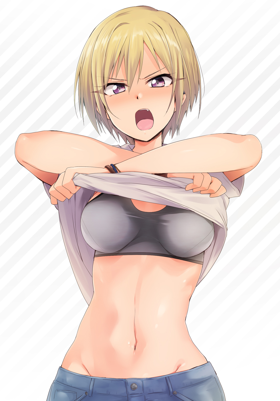1girl bangs blonde_hair blue_pants bra breasts commentary_request denim diagonal-striped_background diagonal_stripes eyebrows_visible_through_hair fang grey_background grey_bra grey_shirt groin hair_between_eyes hands_up highres idolmaster idolmaster_shiny_colors jeans kaiga looking_at_viewer medium_breasts midriff navel open_mouth pants pocket saijou_juri shiny shiny_hair shiny_skin shirt short_hair short_sleeves sidelocks solo sports_bra stomach striped striped_background swept_bangs underwear undressing v-shaped_eyebrows violet_eyes white_background wristband