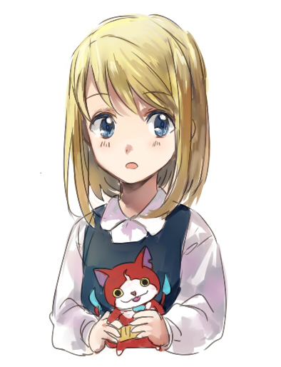 1girl :o blonde_hair blue_eyes character_doll crossover doll expressionless eyebrows_visible_through_hair fullmetal_alchemist holding jibanyan long_sleeves looking_away open_mouth riru shirt short_hair simple_background solo stuffed_animal upper_body white_background white_shirt winry_rockbell youkai youkai_watch younger