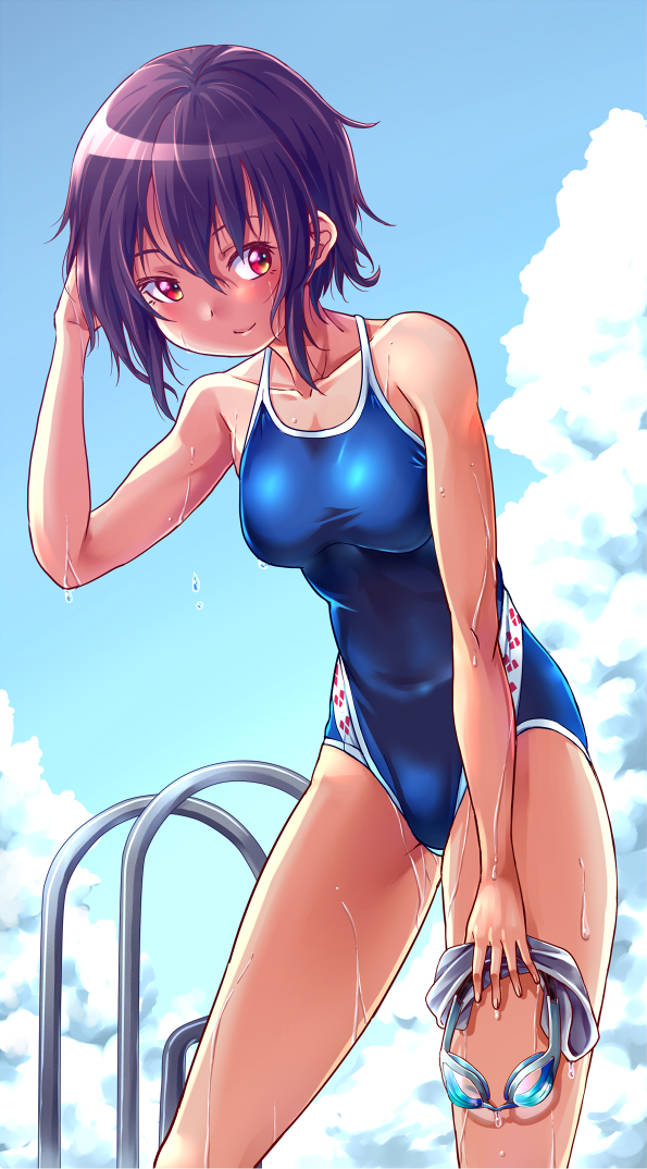 1girl arena_(company) black_hair blue_sky blue_swimsuit breasts clouds competition_school_swimsuit goggles goggles_removed leaning_forward logo medium_breasts mendou_saya one-piece_tan original pool_ladder red_eyes short_hair sky solo standing swim_cap swim_cap_removed swimsuit tan tanline