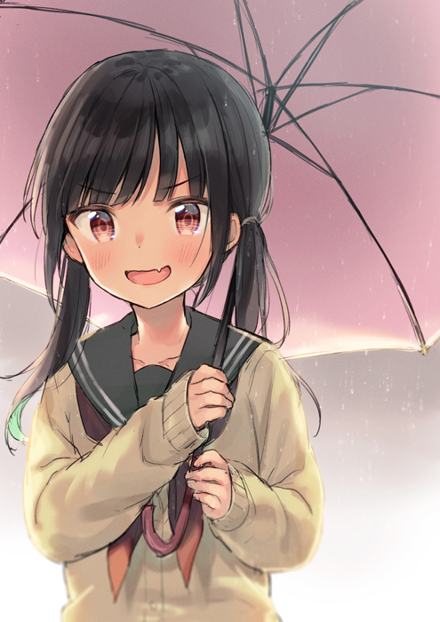 1girl :d bangs black_hair black_sailor_collar blush brown_cardigan cardigan commentary_request eyebrows_visible_through_hair fang holding holding_umbrella long_hair long_sleeves looking_at_viewer low_twintails midorikawa_you neckerchief open_mouth original pink_umbrella rain red_eyes red_neckwear sailor_collar sleeves_past_wrists smile smug solo twintails umbrella v-shaped_eyebrows