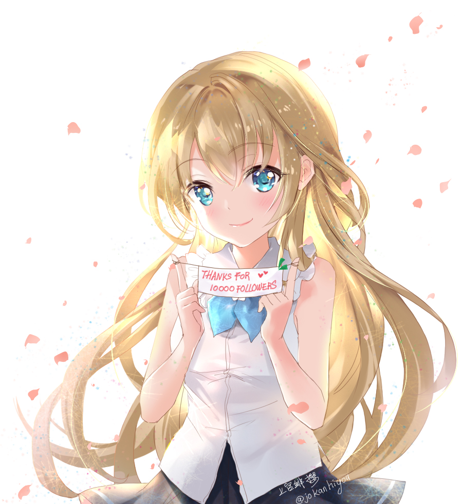 1girl artist_name black_skirt blue_eyes blush brown_hair closed_mouth english eyebrows_visible_through_hair heart long_hair looking_at_viewer original shangguan_feiying skirt smile solo twitter_username upper_body very_long_hair