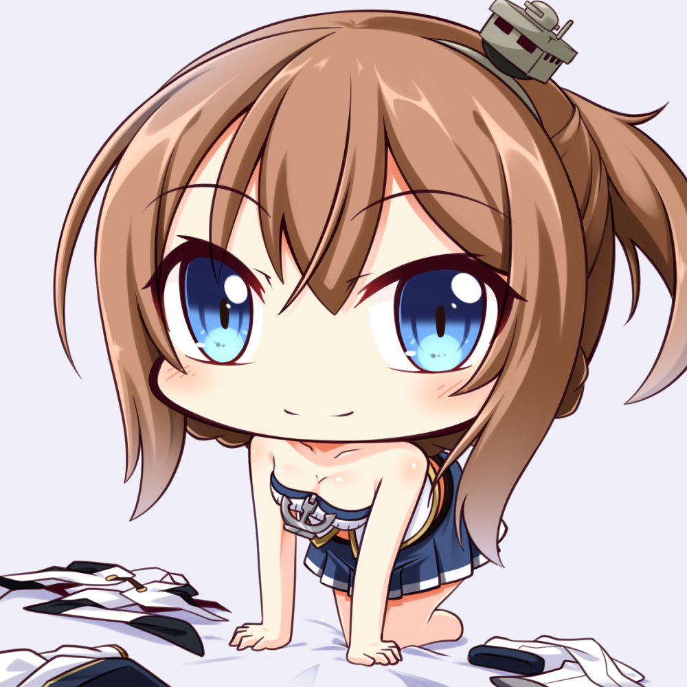 1girl all_fours azur_lane bangs bare_arms bare_shoulders bed_sheet blue_eyes blue_skirt breasts brown_hair chibi cleavage closed_mouth collarbone elbow_gloves eyebrows_visible_through_hair gloves gloves_removed grey_background hair_between_eyes hair_ornament long_hair looking_at_viewer medium_breasts one_side_up pleated_skirt repulse_(azur_lane) shachoo. shirt skirt smile solo strapless white_gloves white_shirt