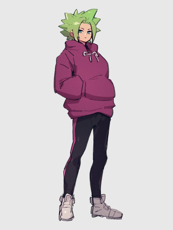 1girl aqua_eyes bangs black_legwear dragon_ball dragon_ball_super drawstring earrings expressionless full_body green_hair grey_background hands_in_pockets hood hood_down hoodie jewelry kefla_(dragon_ball) kemachiku leggings looking_at_viewer oversized_clothes parted_bangs parted_lips potara_earrings purple_hoodie shoes short_hair simple_background single_vertical_stripe sneakers solo spiky_hair standing very_short_hair white_footwear