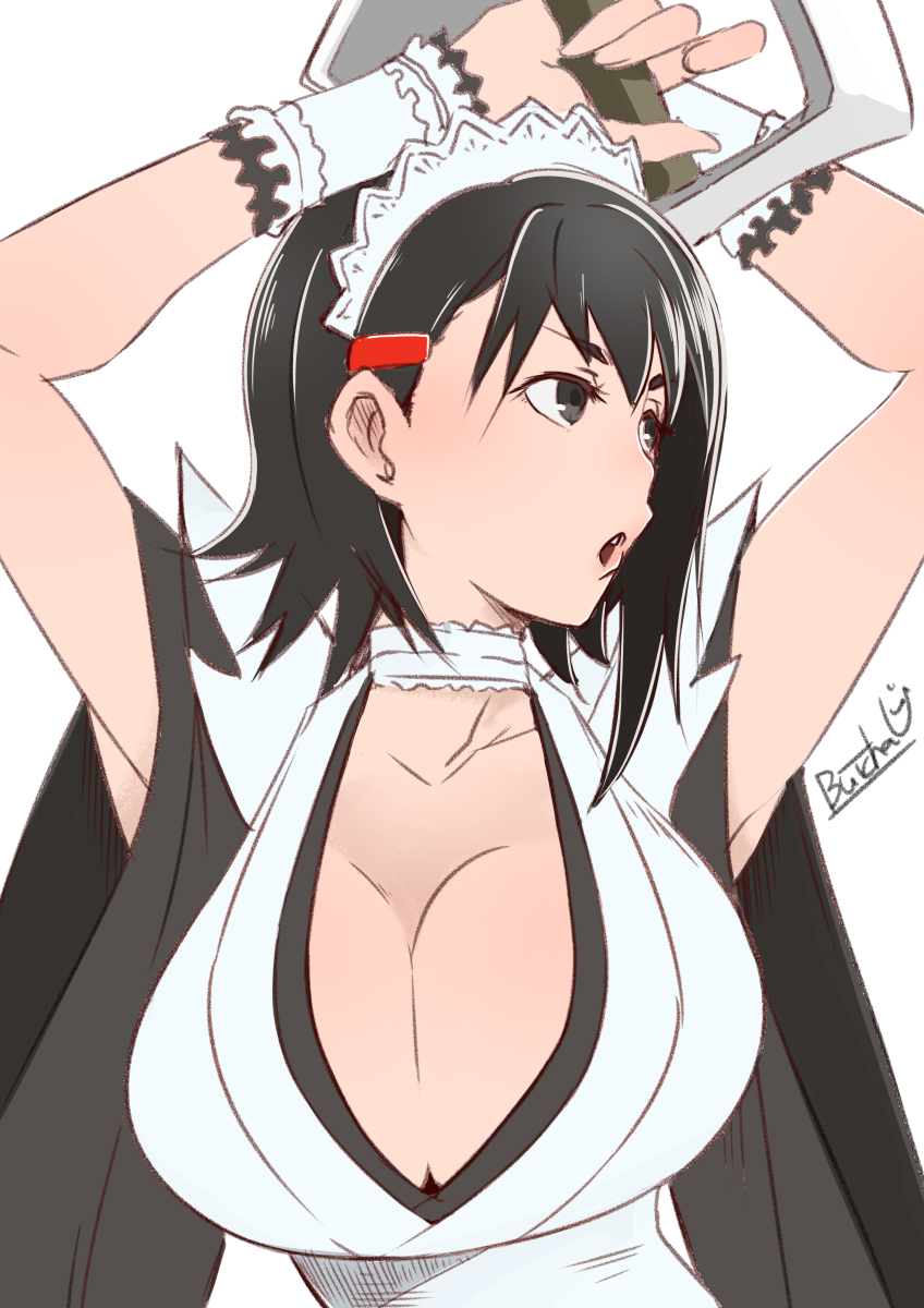 1girl arm_over_head black_hair breasts butcha-u choker cleavage commentary_request grey_eyes highres iroha_(samurai_spirits) japanese_clothes kimono large_breasts looking_to_the_side maid maid_headdress open_mouth samurai_spirits short_hair sleeveless sleeveless_kimono