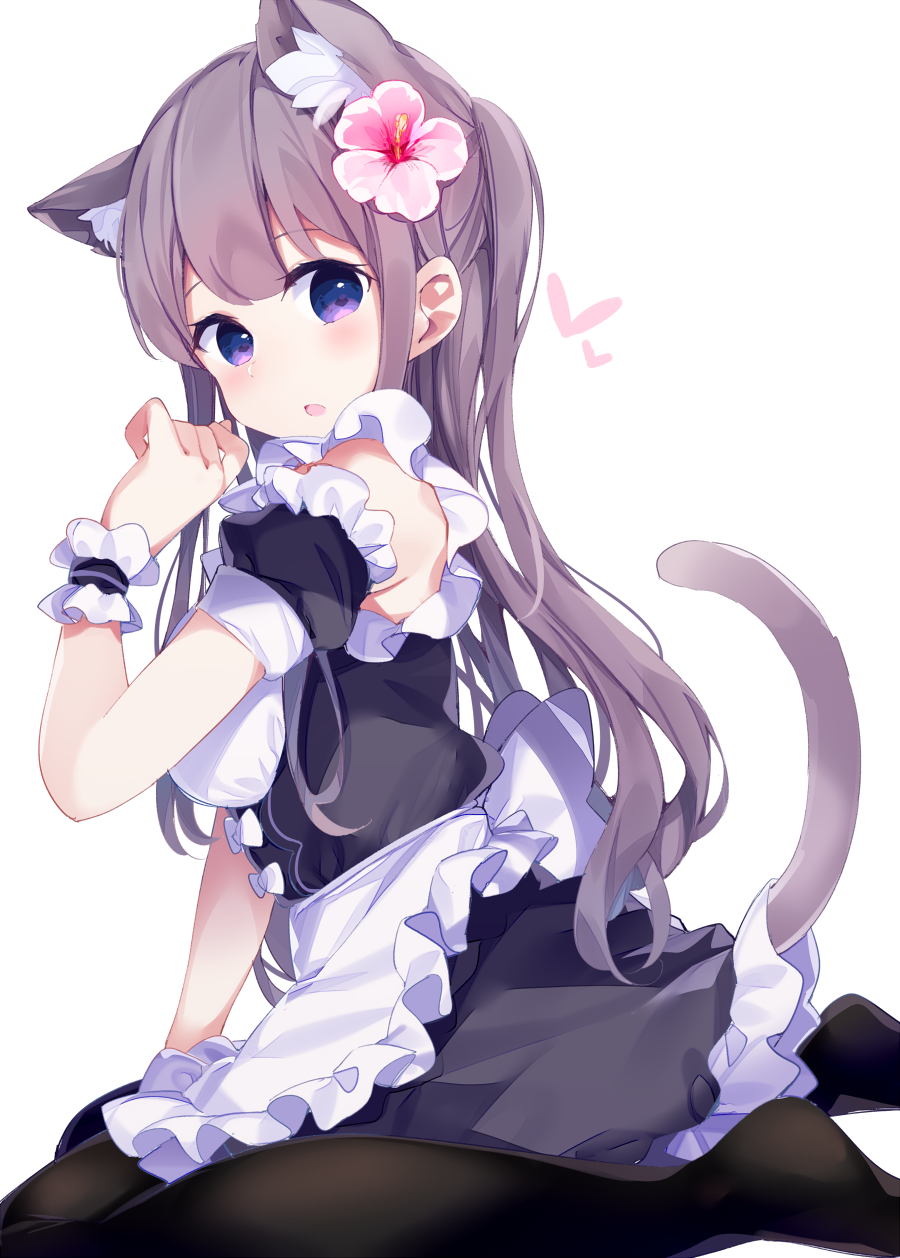 1girl animal_ears apron bangs black_dress black_legwear blush brown_hair cat_ears cat_girl cat_tail chikuwa. commentary_request dress eyebrows_visible_through_hair flower frilled_apron frills hair_flower hair_ornament head_tilt heart highres long_hair maid no_shoes one_side_up original pantyhose parted_lips pink_flower puffy_short_sleeves puffy_sleeves short_sleeves simple_background sitting solo tail tail_raised very_long_hair violet_eyes waist_apron wariza white_apron white_background wrist_cuffs