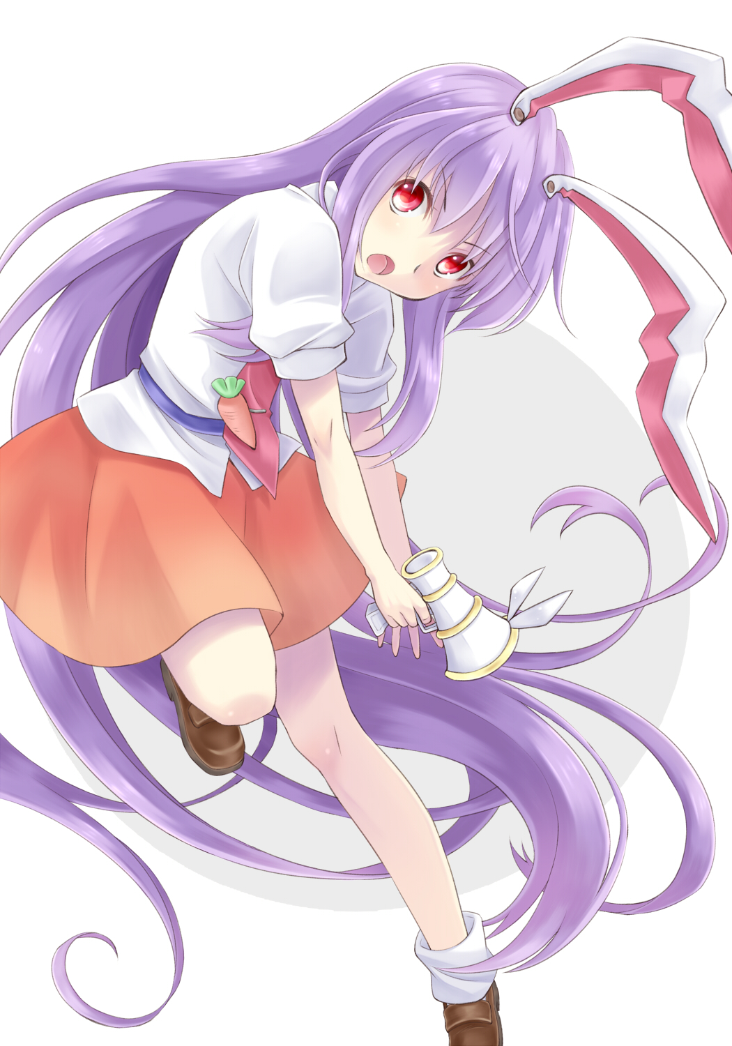 1girl :o absurdly_long_hair animal_ears belt blue_belt brown_footwear carrot dress_shirt eyebrows_visible_through_hair folded_leg grey_background hair_between_eyes head_tilt highres komiru loafers long_hair looking_at_viewer lunatic_gun necktie orange_skirt purple_hair rabbit_ears red_eyes red_neckwear reisen_udongein_inaba shirt shoes short_sleeves simple_background skirt solo standing standing_on_one_leg tie_clip touhou two-tone_background very_long_hair white_background white_legwear white_shirt