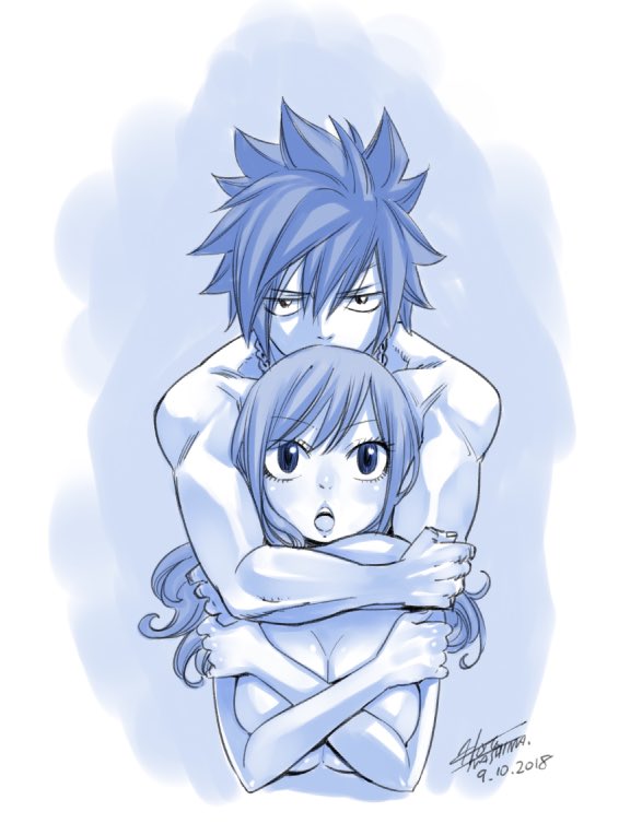 1boy 1girl 2018 bangs breasts chain_necklace cleavage collarbone covering covering_breasts dated eyebrows_visible_through_hair fairy_wings gray_fullbuster hair_between_eyes hug hug_from_behind juvia_lockser large_breasts long_hair looking_at_viewer mashima_hiro monochrome nude official_art open_mouth signature sketch spiky_hair swept_bangs under_boob upper_body white_background wings