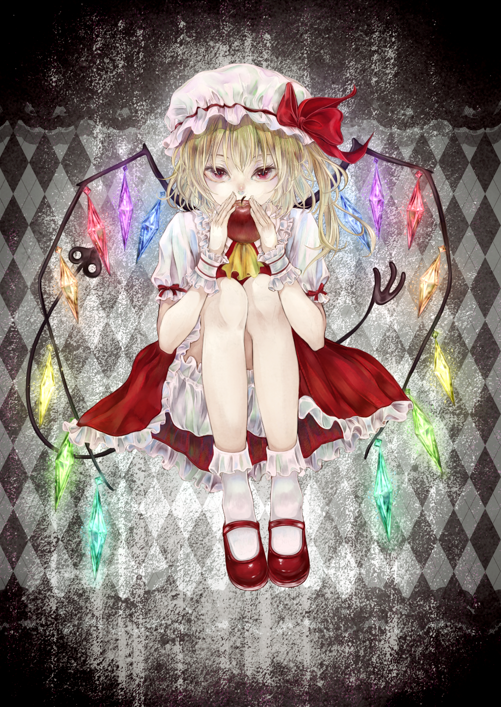 1girl ankle_socks apple argyle argyle_background black_background blacksio blonde_hair bloomers commentary_request covering_mouth cravat crystal flandre_scarlet food frilled_shirt_collar frilled_skirt frills fruit gradient gradient_background hair_between_eyes hat hat_ribbon highres holding holding_fruit knees_to_chest laevatein legs_together looking_at_viewer mary_janes mob_cap red_eyes red_footwear red_skirt red_vest ribbon shirt shoes short_hair short_sleeves side_ponytail skirt solo touhou underwear vest white_legwear white_shirt wings wrist_cuffs yellow_neckwear