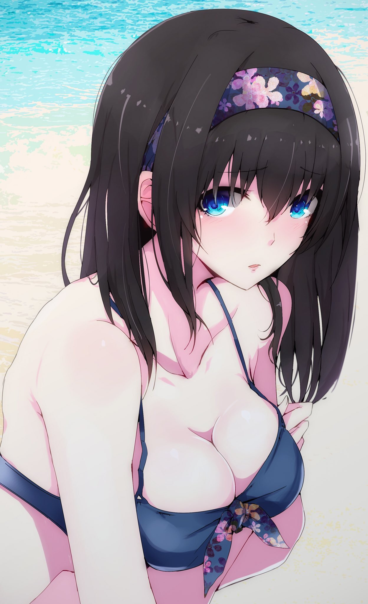 1girl alternate_costume bangs bare_shoulders beach bikini black_hair blue_bikini blue_eyes blush breasts cleavage collarbone commentary_request eyebrows_visible_through_hair front-tie_top hair_between_eyes hairband highres idolmaster idolmaster_cinderella_girls long_hair looking_at_viewer medium_breasts ocean outdoors parted_lips ryuu. sagisawa_fumika sand solo swimsuit water waves