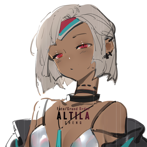 1girl altera_(fate) alternate_costume bangs bare_shoulders breasts character_name choker cleavage closed_mouth collarbone copyright_name dark_skin earrings fate/extella fate/extra fate/grand_order fate_(series) jewelry looking_at_viewer lowres red_eyes shenq short_hair small_breasts solo tan white_hair