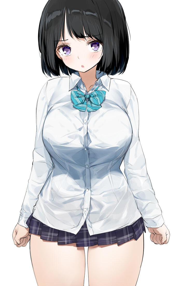 1girl arms_at_sides black_hair blush bob_cut bow bowtie breasts dress_shirt eyebrows_visible_through_hair huge_breasts kaisen_chuui long_sleeves looking_at_viewer miniskirt original plaid plaid_skirt pleated_skirt school_uniform shirt short_hair simple_background skirt solo thighs violet_eyes white_background