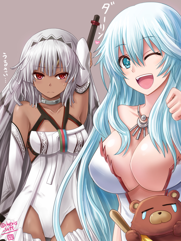 2girls altera_(fate) armpits artemis_(fate/grand_order) bangs bare_shoulders bear blue_eyes blunt_bangs breasts choker cleavage closed_mouth club collarbone dark_skin detached_sleeves eyebrows_visible_through_hair fate/grand_order fate_(series) haura_akitoshi headdress holding holding_sword holding_weapon jewelry large_breasts light_blue_hair long_hair looking_at_viewer multiple_girls one_eye_closed open_mouth orion_(fate/grand_order) photon_ray red_eyes short_hair simple_background small_breasts sweatdrop sword tan tears veil weapon white_hair