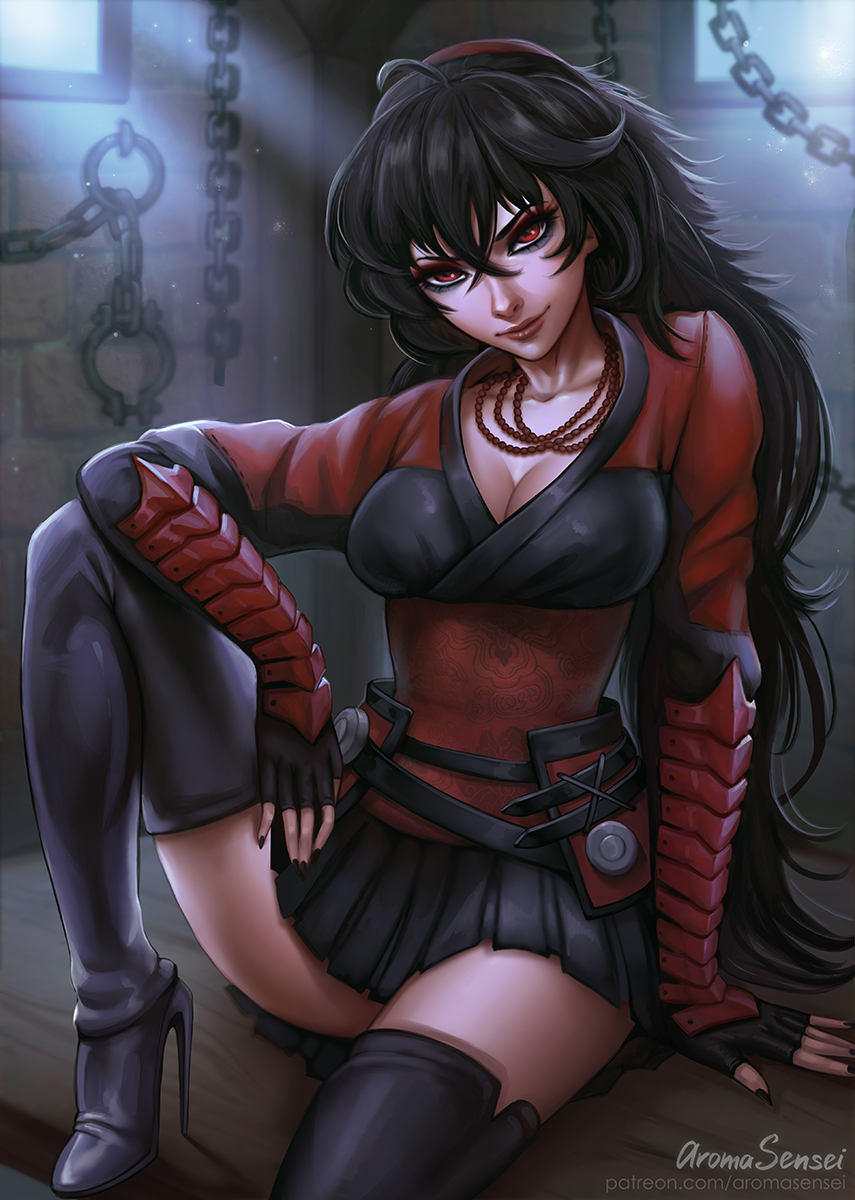 1girl ahoge arm_guards aroma_sensei black_hair boots breasts chains cleavage corset eyeshadow fingerless_gloves gloves hair_between_eyes high_heel_boots high_heels highres indoors jewelry large_breasts lips long_hair looking_at_viewer makeup mature necklace patreon_username pleated_skirt raven_branwen red_eyes rwby sitting skirt smile solo thigh-highs thigh_boots watermark web_address
