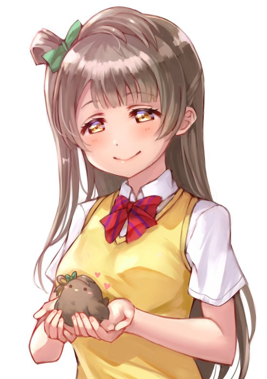 10s 1girl bangs bird blush bow bowtie collared_shirt commentary_request eyebrows_visible_through_hair green_bow grey_hair hair_bow half-closed_eyes heart holding holding_bird long_hair love_live! love_live!_school_idol_project minami_kotori minami_kotori_(bird) one_side_up otonokizaka_school_uniform red_neckwear school_uniform shirt short_sleeves simple_background smile solo striped_neckwear sweater_vest upper_body usamaru67pi white_background yellow_eyes