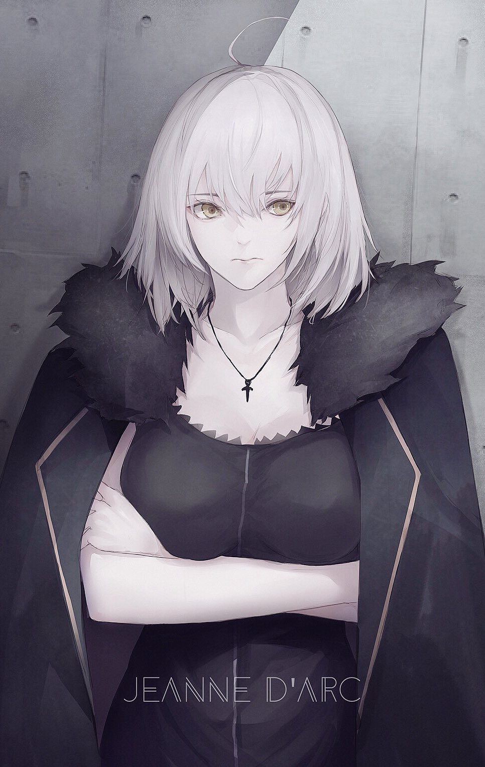 1girl ahoge bangs black_dress breasts cape closed_mouth collarbone commentary_request crossed_arms dress facing_viewer fate/grand_order fate_(series) fur-trimmed_cape fur_collar fur_trim hair_between_eyes highres jacket_on_shoulders jeanne_d'arc_(alter)_(fate) jeanne_d'arc_(fate)_(all) jewelry large_breasts looking_to_the_side marumoru necklace short_hair silver_hair standing yellow_eyes