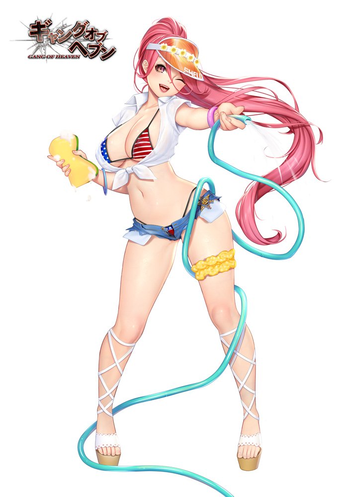 1girl american_flag_bikini bikini bikini_under_clothes bracelet breasts cleavage commentary_request fingernails flag_print gang_of_heaven holding hose jewelry large_breasts logo long_hair masami_chie midriff navel official_art one_eye_closed open_mouth open_toe_shoes pink_eyes pink_hair platform_footwear shiny shiny_hair short_shorts short_sleeves shorts simple_background soap_bubbles solo sponge standing swimsuit thigh_strap toes unbuttoned very_long_hair visor_cap water white_background