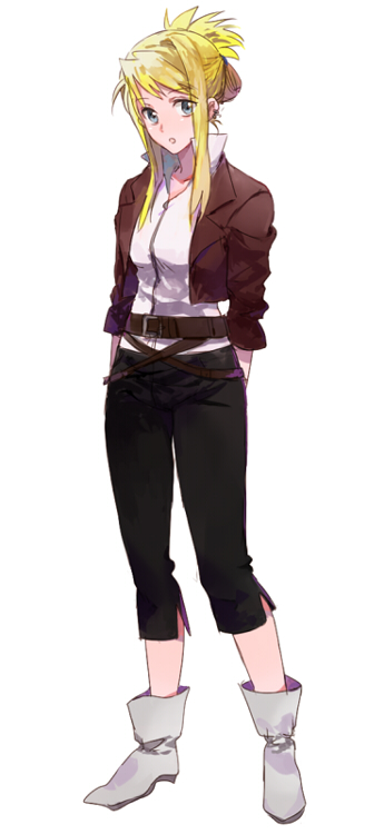 1girl :o arms_behind_back bangs belt black_pants blonde_hair blue_eyes boots brown_belt conqueror_of_shambala earrings expressionless eyebrows_visible_through_hair full_body fullmetal_alchemist jacket jewelry long_sleeves looking_away pants riru shirt simple_background solo standing tied_hair white_background white_footwear white_shirt winry_rockbell