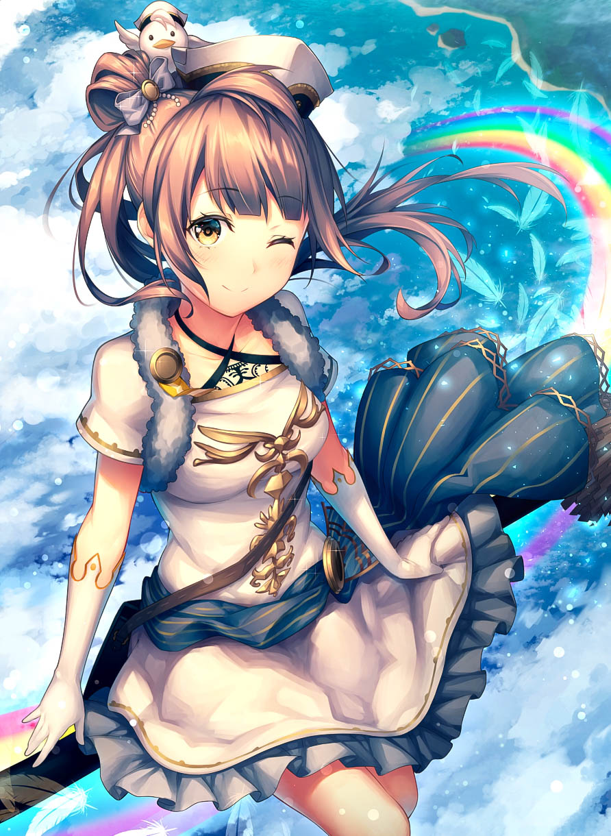 1girl alternate_hairstyle bangs bird birthday broom broom_riding clouds cloudy_sky commentary_request elbow_gloves feathers gloves hat highres kyouou_ena light_brown_hair long_hair looking_at_viewer love_live! love_live!_school_idol_project minami_kotori one_eye_closed one_side_up rainbow sitting sky solo tattoo yellow_eyes