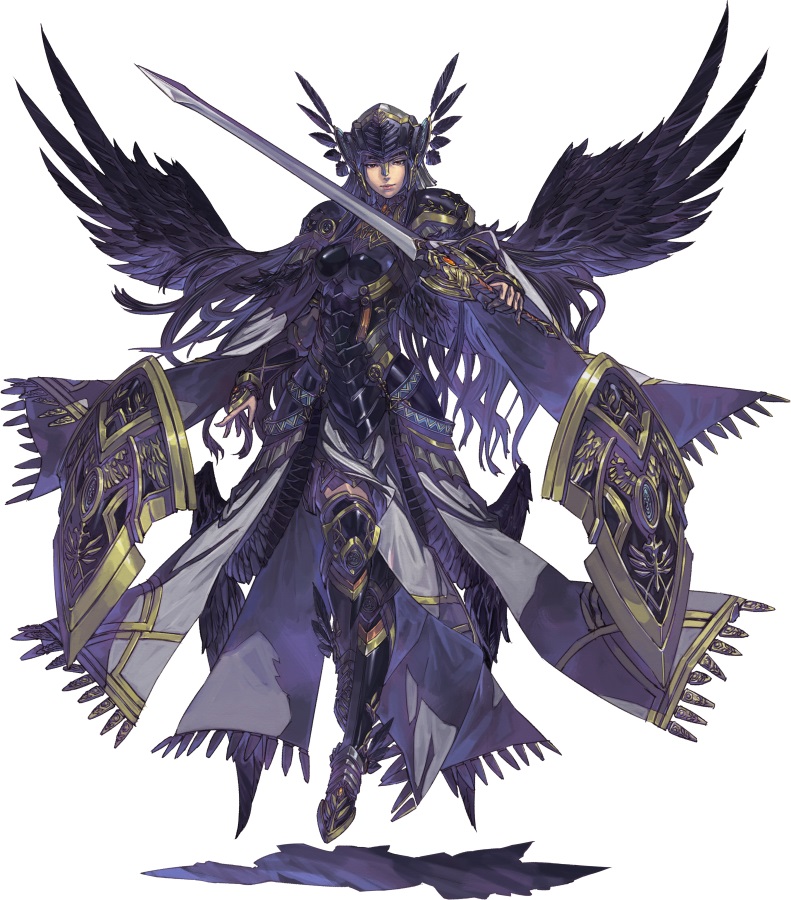 armor armored_dress black_wings cape feather_trim feathered_wings floating gauntlets greaves helmet hrist_valkyrie long_hair looking_at_viewer official_art ornate_armor red_eyes shield sword valkyrie_anatomia valkyrie_profile weapon wings